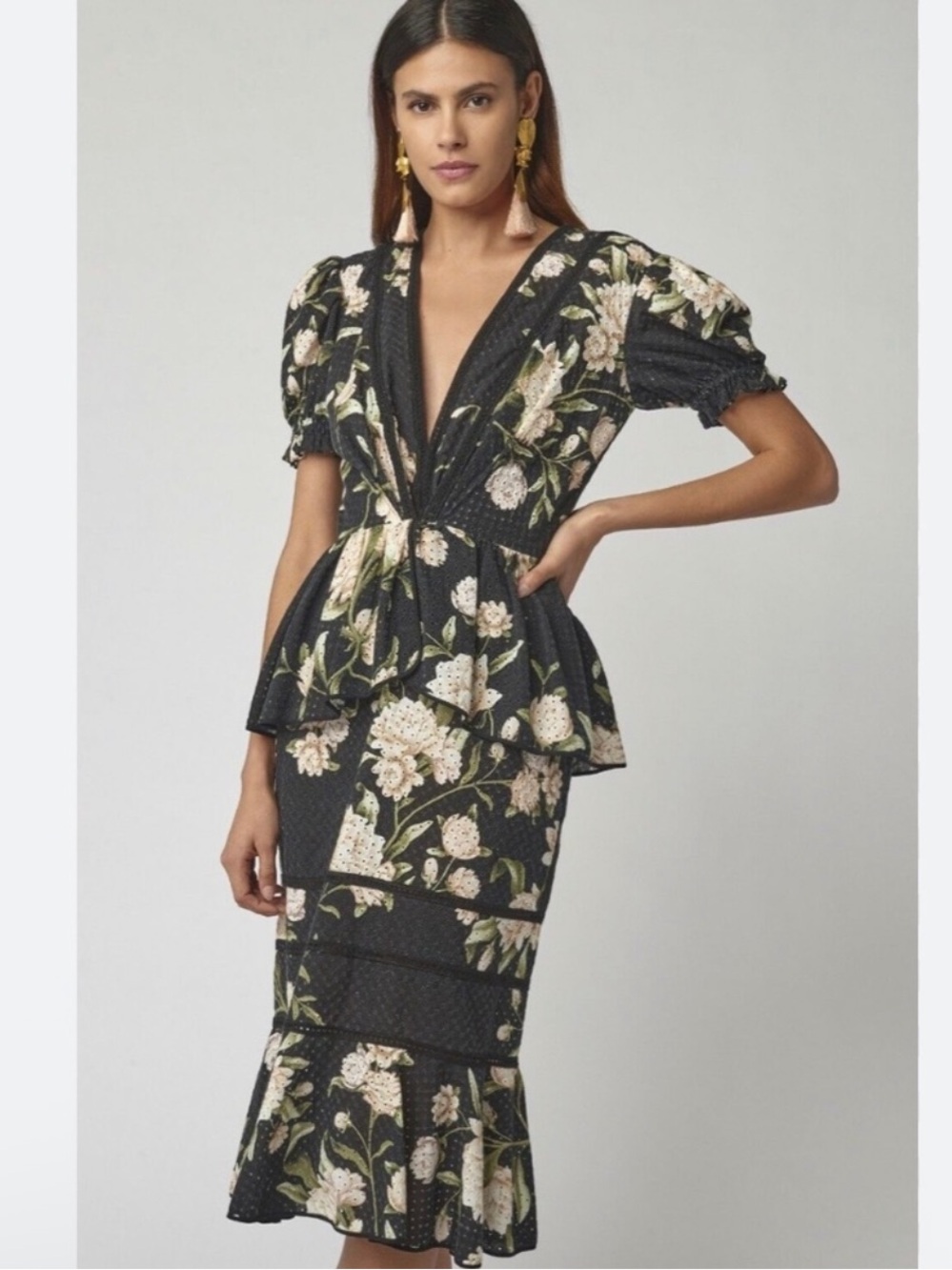 Johanna Ortiz Black Floral V-Neck Peplum Midi Dress